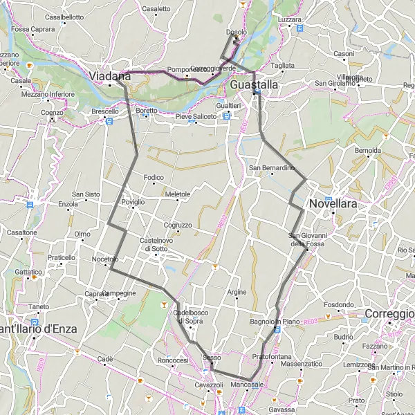 Zemljevid v pomanjšavi "Cestno kolesarjenje od Guastalle do Correggioverde" kolesarske inspiracije v Lombardia, Italy. Generirano z načrtovalcem kolesarskih poti Tarmacs.app