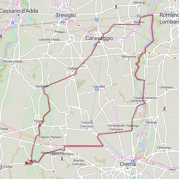 Mapa miniatúra "Gravel Route through Pandino, Agnadello, Caravaggio, Cascine bruciate and Campagnola Cremasca" cyklistická inšpirácia v Lombardia, Italy. Vygenerované cyklistickým plánovačom trás Tarmacs.app