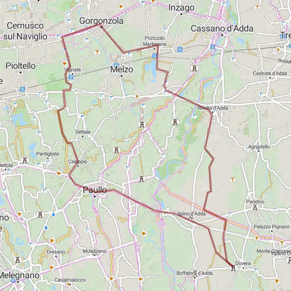 Mapa miniatúra "Gravelová cesta cez Paullo a Gorgonzolu" cyklistická inšpirácia v Lombardia, Italy. Vygenerované cyklistickým plánovačom trás Tarmacs.app