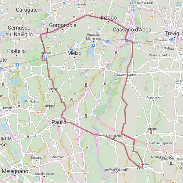 Map miniature of "Exploring Cassano d'Adda and Nosadello Gravel Route" cycling inspiration in Lombardia, Italy. Generated by Tarmacs.app cycling route planner