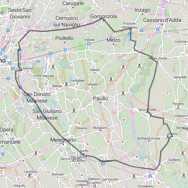 Miniatua del mapa de inspiración ciclista "Ruta en Carretera por Lodi y Vimodrone" en Lombardia, Italy. Generado por Tarmacs.app planificador de rutas ciclistas