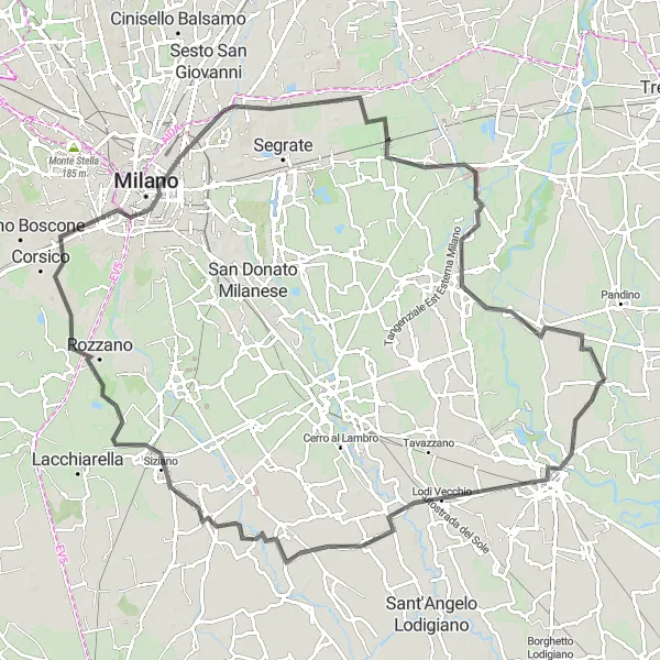 Map miniature of "The Milano Circuit" cycling inspiration in Lombardia, Italy. Generated by Tarmacs.app cycling route planner