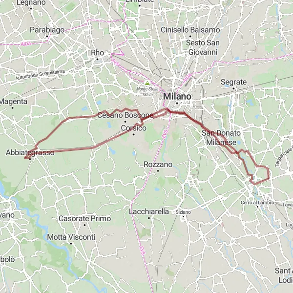 Miniaturekort af cykelinspirationen "Gravel Adventure rundt om Milan" i Lombardia, Italy. Genereret af Tarmacs.app cykelruteplanlægger