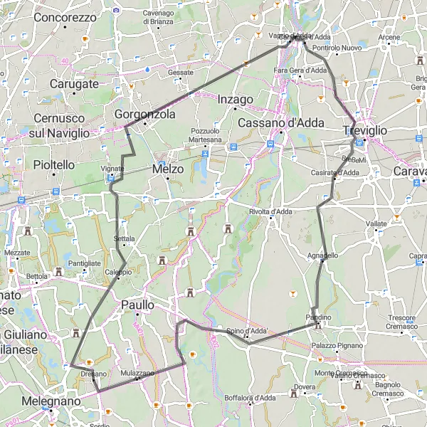 Map miniature of "Dresano - Settala - Gorgonzola - Casirate d'Adda - Zelo Buon Persico" cycling inspiration in Lombardia, Italy. Generated by Tarmacs.app cycling route planner