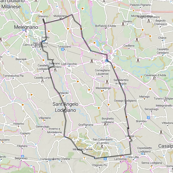 Kartminiatyr av "Lodi til Sordio" sykkelinspirasjon i Lombardia, Italy. Generert av Tarmacs.app sykkelrutoplanlegger