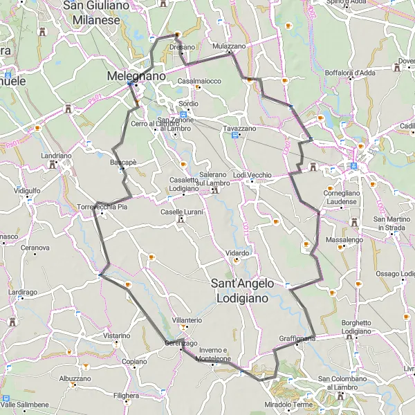 Kartminiatyr av "Countryside Exploration: Mulazzano to Melegnano" sykkelinspirasjon i Lombardia, Italy. Generert av Tarmacs.app sykkelrutoplanlegger