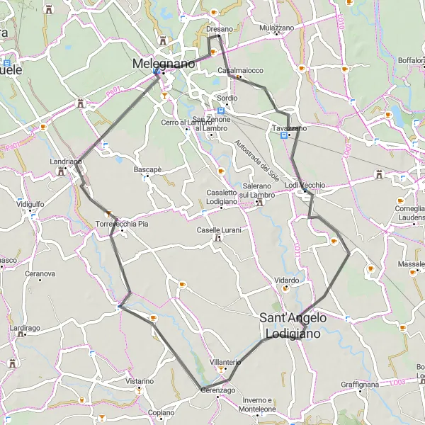 Mapa miniatúra "Cyklotrasa do Melegnano cez Torre d'Arese" cyklistická inšpirácia v Lombardia, Italy. Vygenerované cyklistickým plánovačom trás Tarmacs.app