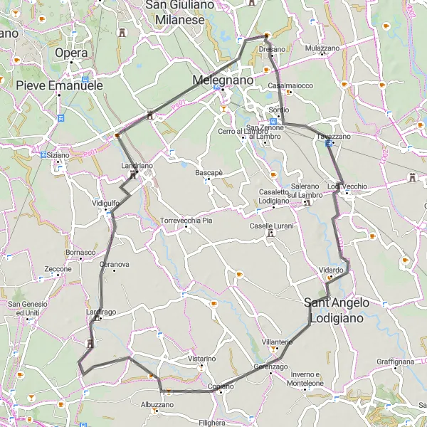 Map miniature of "Dresano - Lodi Vecchio - Lardirago - Carpiano - Colturano" cycling inspiration in Lombardia, Italy. Generated by Tarmacs.app cycling route planner