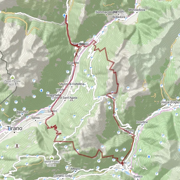 Miniature de la carte de l'inspiration cycliste "Exploration gravelleuse de Varadega depuis Edolo" dans la Lombardia, Italy. Générée par le planificateur d'itinéraire cycliste Tarmacs.app
