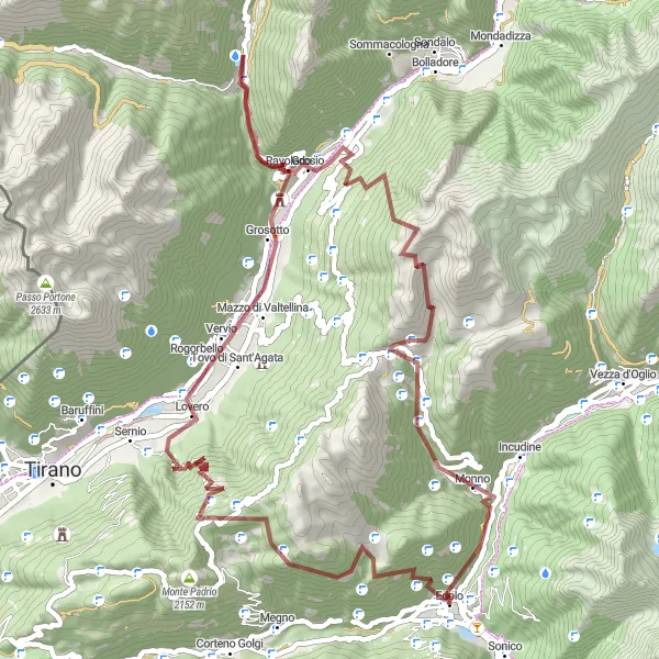 Kartminiatyr av "Grusvei til Monte della Piana og Grosotto" sykkelinspirasjon i Lombardia, Italy. Generert av Tarmacs.app sykkelrutoplanlegger