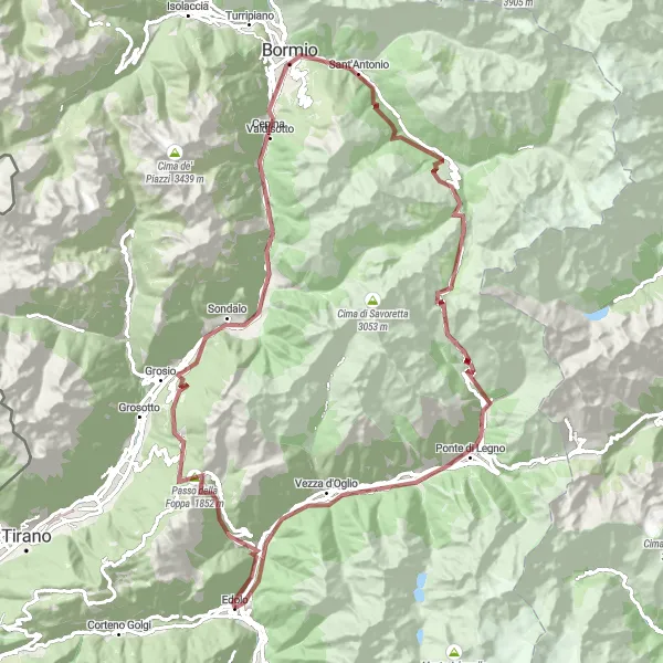 Mapa miniatúra "Náročný gravelový okruh s vrcholmi" cyklistická inšpirácia v Lombardia, Italy. Vygenerované cyklistickým plánovačom trás Tarmacs.app