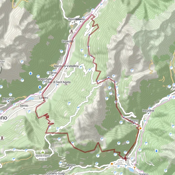 Map miniature of "Gravel Exploration of Edolo and Passo del Mortirolo" cycling inspiration in Lombardia, Italy. Generated by Tarmacs.app cycling route planner