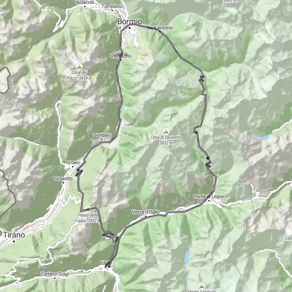 Map miniature of "Passo del Mortirolo and Santa Caterina" cycling inspiration in Lombardia, Italy. Generated by Tarmacs.app cycling route planner