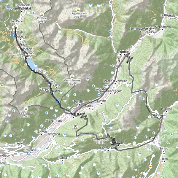 Miniatua del mapa de inspiración ciclista "Desafío en carretera por Monto Padrio y Passo del Mortirolo" en Lombardia, Italy. Generado por Tarmacs.app planificador de rutas ciclistas