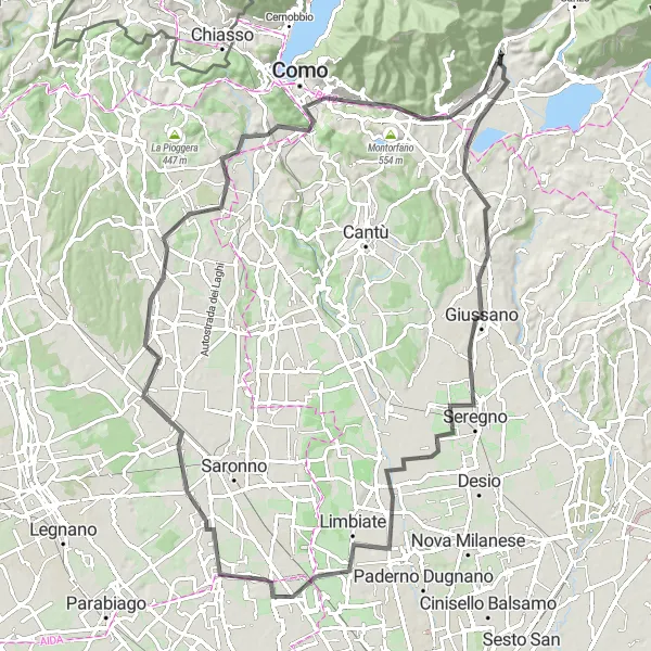 Mapa miniatúra "Dlhý cyklistický okruh blízko Erby" cyklistická inšpirácia v Lombardia, Italy. Vygenerované cyklistickým plánovačom trás Tarmacs.app