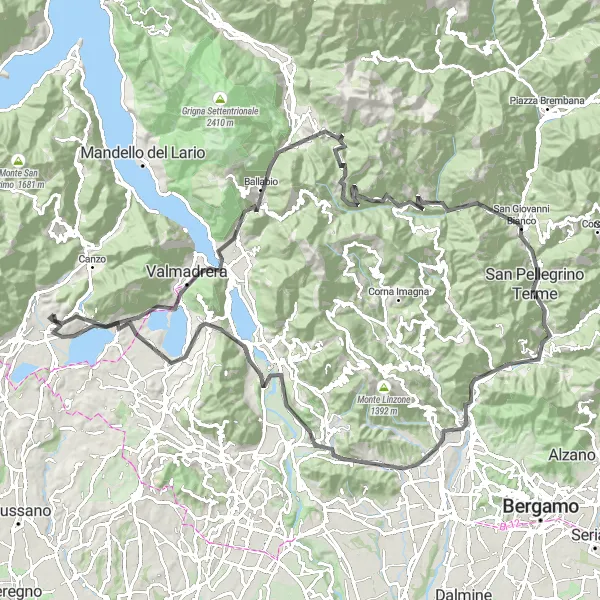 Zemljevid v pomanjšavi "123 km Kolesarska avantura okoli Erbe (Lombardija, Italija)" kolesarske inspiracije v Lombardia, Italy. Generirano z načrtovalcem kolesarskih poti Tarmacs.app