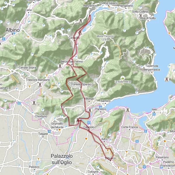 Miniaturní mapa "Gravel okruh přes Berzo San Fermo a Casazza" inspirace pro cyklisty v oblasti Lombardia, Italy. Vytvořeno pomocí plánovače tras Tarmacs.app