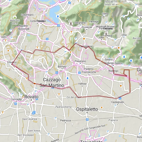 Miniaturní mapa "Gravel route through Monterotondo and Sella" inspirace pro cyklisty v oblasti Lombardia, Italy. Vytvořeno pomocí plánovače tras Tarmacs.app