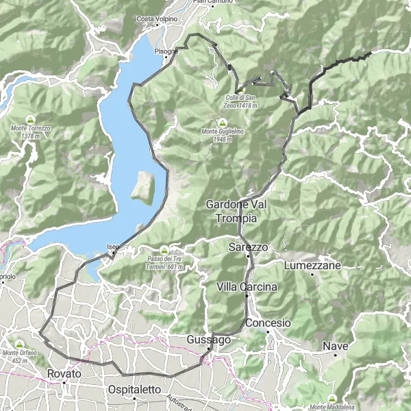 Mapa miniatúra "Okruh cez Monte Crestole a Gardone Val Trompia" cyklistická inšpirácia v Lombardia, Italy. Vygenerované cyklistickým plánovačom trás Tarmacs.app