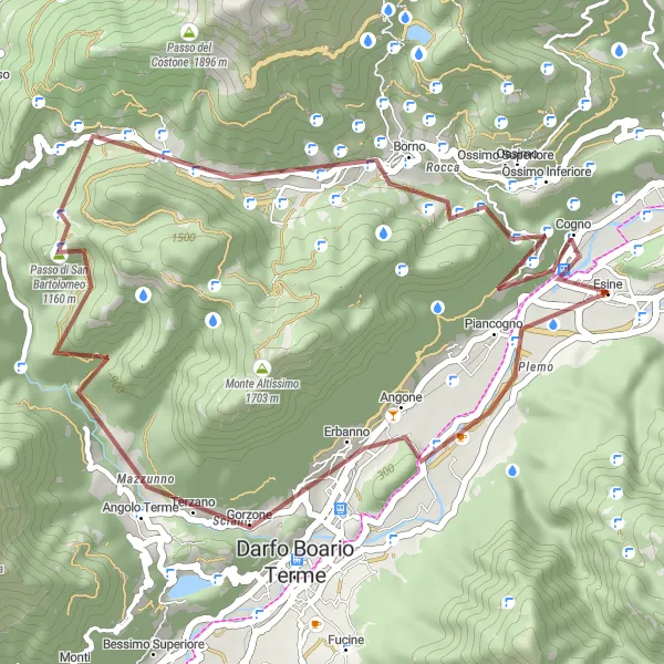 Kartminiatyr av "Grusvei sykling Esine til Croce di Salven via Borno" sykkelinspirasjon i Lombardia, Italy. Generert av Tarmacs.app sykkelrutoplanlegger
