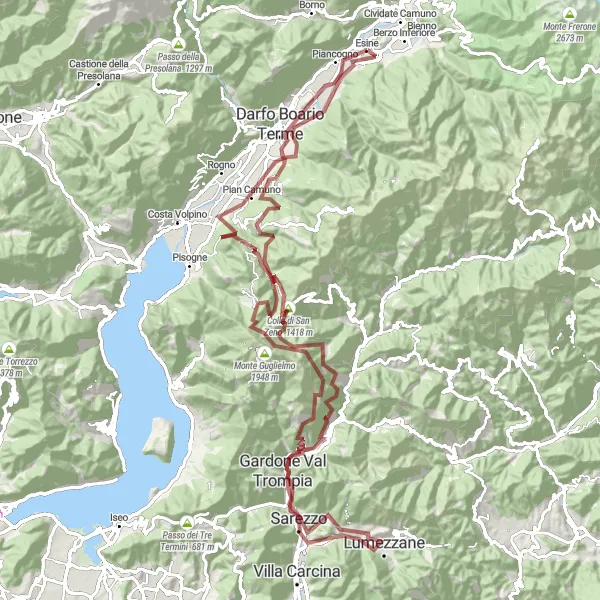 Kartminiatyr av "Äventyr genom Sarezzo och Pian Camuno" cykelinspiration i Lombardia, Italy. Genererad av Tarmacs.app cykelruttplanerare