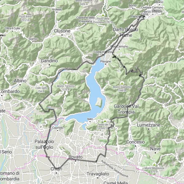 Miniaturní mapa "Esine - Palazzolo sull'Oglio Loop" inspirace pro cyklisty v oblasti Lombardia, Italy. Vytvořeno pomocí plánovače tras Tarmacs.app