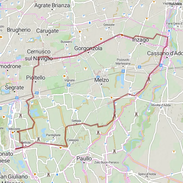 Miniatura della mappa di ispirazione al ciclismo "Giro in bicicletta gravel da Cassano d'Adda a Gorgonzola" nella regione di Lombardia, Italy. Generata da Tarmacs.app, pianificatore di rotte ciclistiche