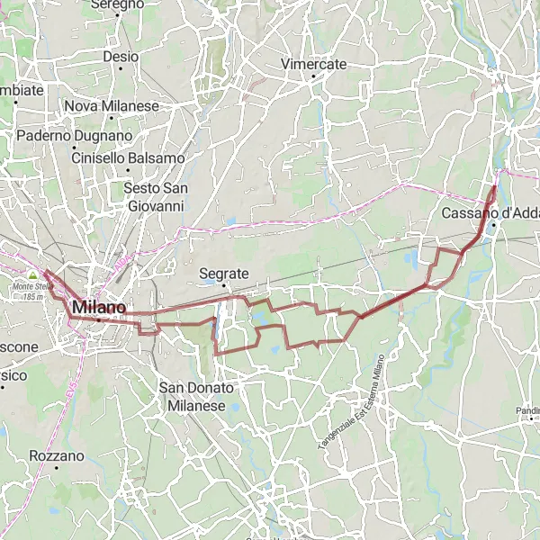 Miniatura della mappa di ispirazione al ciclismo "Giro in bicicletta da Fara Gera d'Adda a Milano" nella regione di Lombardia, Italy. Generata da Tarmacs.app, pianificatore di rotte ciclistiche