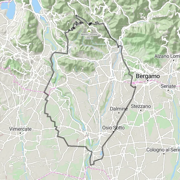 Zemljevid v pomanjšavi "Cestna Kolesarska pustolovščina v osrčju Lombardije" kolesarske inspiracije v Lombardia, Italy. Generirano z načrtovalcem kolesarskih poti Tarmacs.app