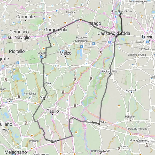 Kartminiatyr av "Kulturell reise gjennom Lombardia til Cassano d'Adda" sykkelinspirasjon i Lombardia, Italy. Generert av Tarmacs.app sykkelrutoplanlegger