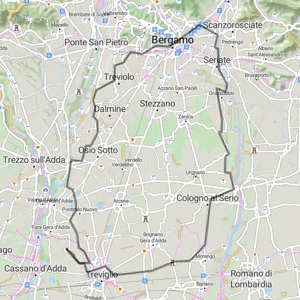 Zemljevid v pomanjšavi "Krožna cestna pot do Fara Gera d'Adda" kolesarske inspiracije v Lombardia, Italy. Generirano z načrtovalcem kolesarskih poti Tarmacs.app