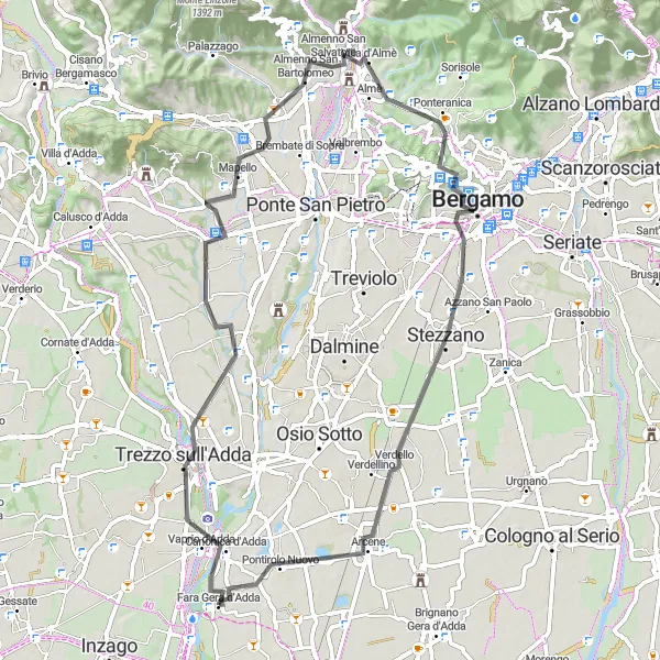 Map miniature of "The Capriate San Gervasio Loop" cycling inspiration in Lombardia, Italy. Generated by Tarmacs.app cycling route planner