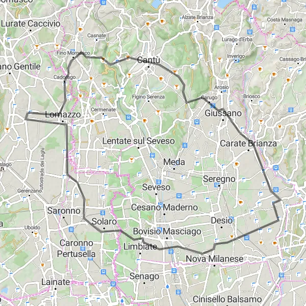 Miniatua del mapa de inspiración ciclista "Ruta en bicicleta de carretera desde Fenegrò a Manera" en Lombardia, Italy. Generado por Tarmacs.app planificador de rutas ciclistas