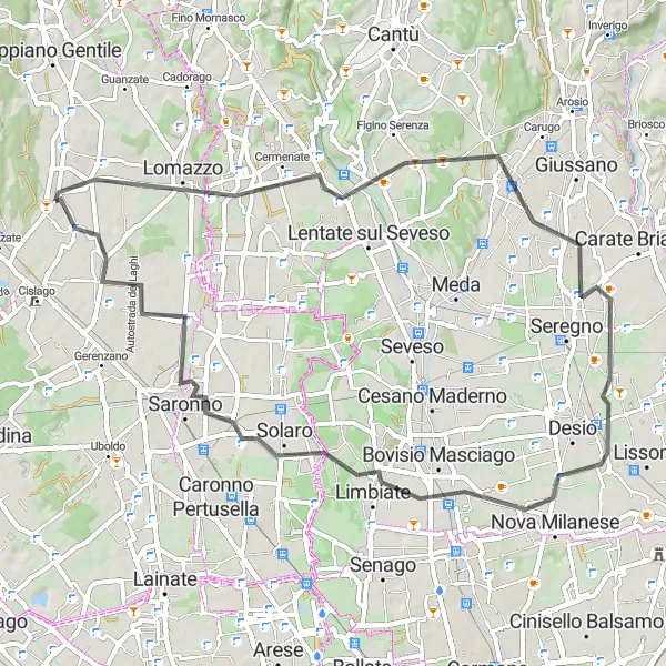 Miniatura della mappa di ispirazione al ciclismo "Road tra Bregnano e Limbiate" nella regione di Lombardia, Italy. Generata da Tarmacs.app, pianificatore di rotte ciclistiche