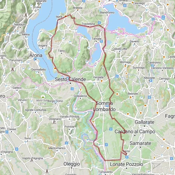 Mapa miniatúra "Gravelový výlet okolo Ferna" cyklistická inšpirácia v Lombardia, Italy. Vygenerované cyklistickým plánovačom trás Tarmacs.app