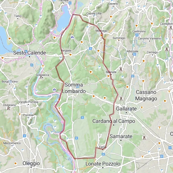 Miniatura della mappa di ispirazione al ciclismo "Tour in mountain bike da Ferno a Vizzola Ticino, Panorama sulle Dighe del Panperduto, Monte Carbonaro, Monte Martino e Cardano al Campo" nella regione di Lombardia, Italy. Generata da Tarmacs.app, pianificatore di rotte ciclistiche