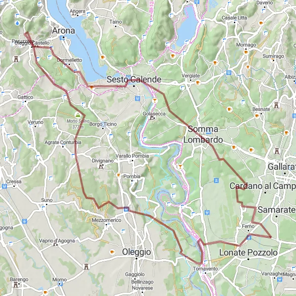 Miniatua del mapa de inspiración ciclista "Ruta de grava por Marano Ticino y Monte Gagliasco" en Lombardia, Italy. Generado por Tarmacs.app planificador de rutas ciclistas