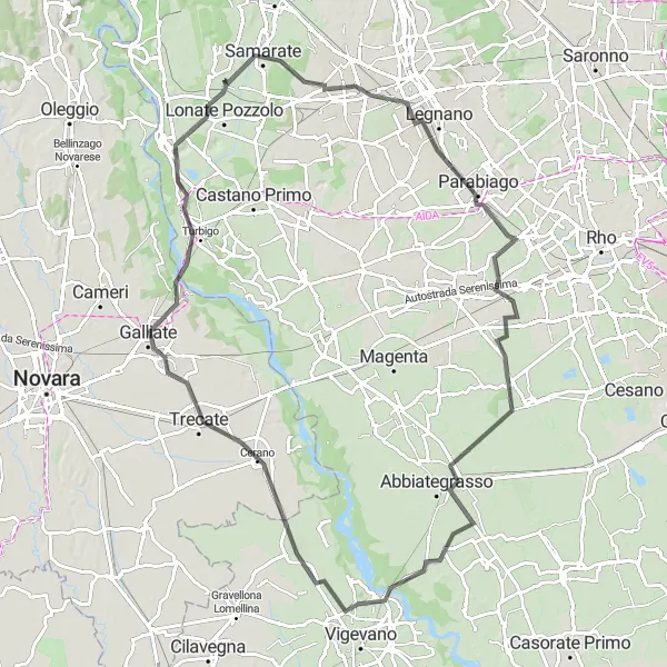 Miniatura della mappa di ispirazione al ciclismo "Avventura ciclistica da Ferno a Busto Arsizio, Canegrate, Sedriano, Albairate, Ozzero, Trecate, Tornavento e Ferno" nella regione di Lombardia, Italy. Generata da Tarmacs.app, pianificatore di rotte ciclistiche