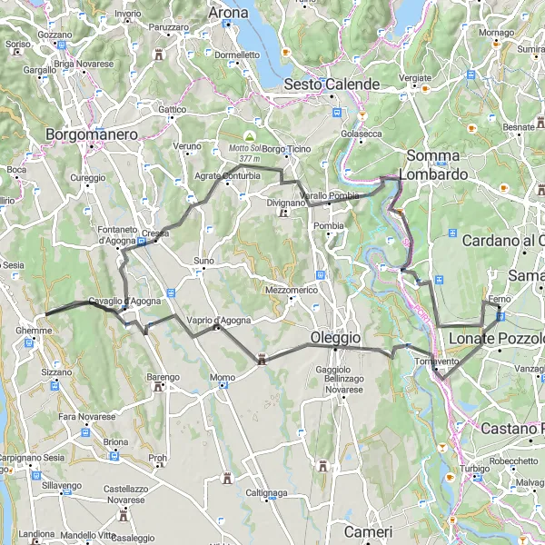 Map miniature of "The Oleggio Adventure" cycling inspiration in Lombardia, Italy. Generated by Tarmacs.app cycling route planner