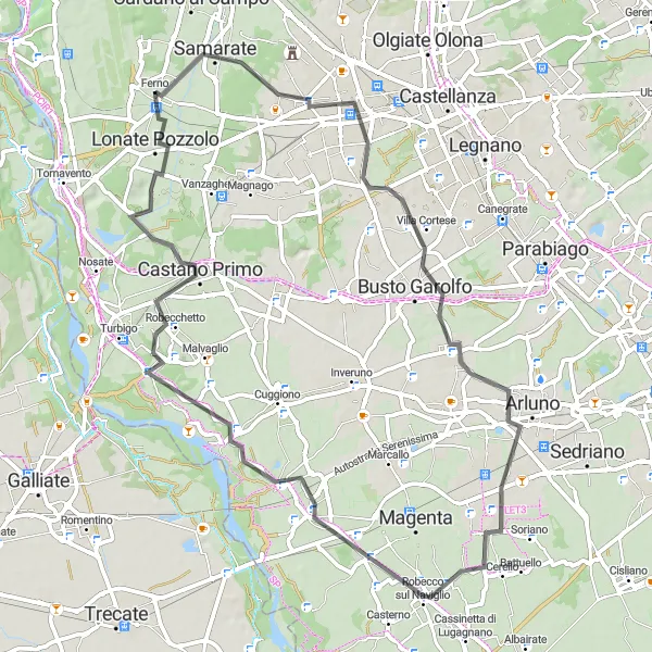 Miniatura della mappa di ispirazione al ciclismo "Avventura in bicicletta da Ferno a Busto Arsizio e ritorno" nella regione di Lombardia, Italy. Generata da Tarmacs.app, pianificatore di rotte ciclistiche