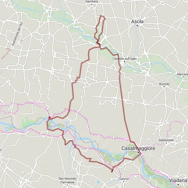 Miniatua del mapa de inspiración ciclista "Ruta de gravel a través de Casalmaggiore y Roccabianca" en Lombardia, Italy. Generado por Tarmacs.app planificador de rutas ciclistas