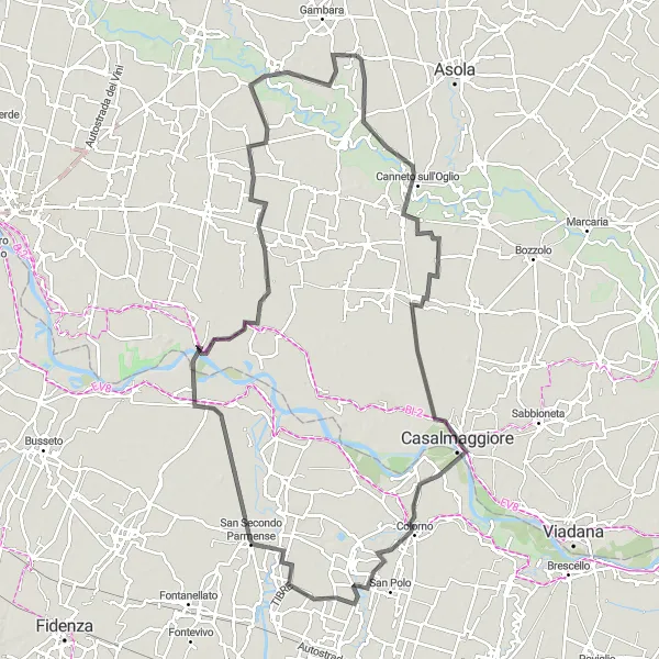 Miniatuurkaart van de fietsinspiratie "Rondrit richting Colorno en San Secondo Parmense" in Lombardia, Italy. Gemaakt door de Tarmacs.app fietsrouteplanner