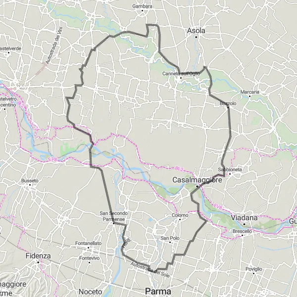 Miniatua del mapa de inspiración ciclista "Circuito extenso para ciclistas en carretera cerca de Fiesse" en Lombardia, Italy. Generado por Tarmacs.app planificador de rutas ciclistas