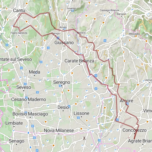 Kartminiatyr av "Grusvei-eventyret gjennom Brianza" sykkelinspirasjon i Lombardia, Italy. Generert av Tarmacs.app sykkelrutoplanlegger