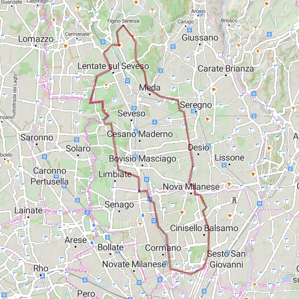 Miniatura della mappa di ispirazione al ciclismo "Meda e Limbiate Gravel Cycling Route" nella regione di Lombardia, Italy. Generata da Tarmacs.app, pianificatore di rotte ciclistiche