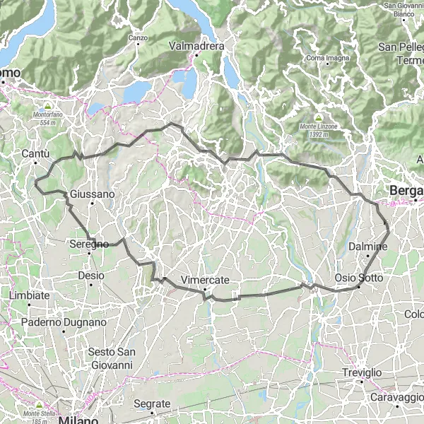 Miniatura della mappa di ispirazione al ciclismo "Costa Masnaga e Col Scarlasc Cycling Route" nella regione di Lombardia, Italy. Generata da Tarmacs.app, pianificatore di rotte ciclistiche