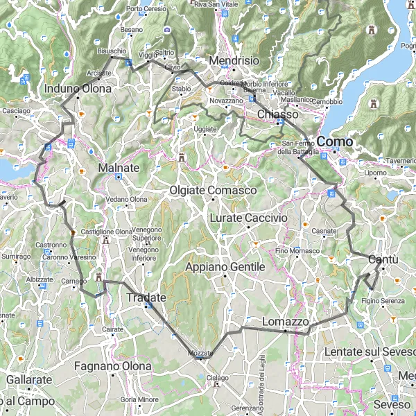 Miniatura della mappa di ispirazione al ciclismo "Giro in bicicletta intorno a Figino Serenza" nella regione di Lombardia, Italy. Generata da Tarmacs.app, pianificatore di rotte ciclistiche