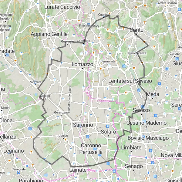 Miniatua del mapa de inspiración ciclista "Ruta en carretera a través de Meda y Cantalupo" en Lombardia, Italy. Generado por Tarmacs.app planificador de rutas ciclistas