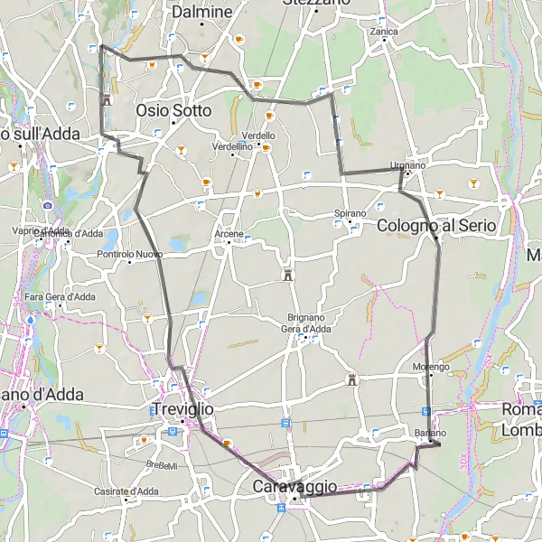 Mapa miniatúra "Cestná cyklotrasa cez Filago" cyklistická inšpirácia v Lombardia, Italy. Vygenerované cyklistickým plánovačom trás Tarmacs.app