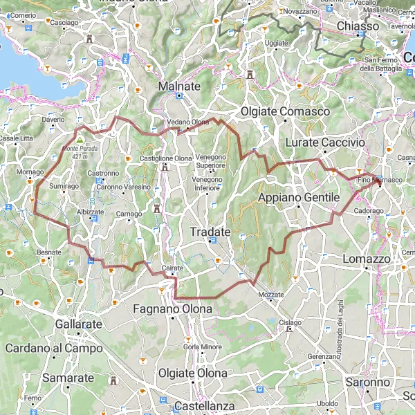 Map miniature of "The Gravel Escape to Azzate" cycling inspiration in Lombardia, Italy. Generated by Tarmacs.app cycling route planner